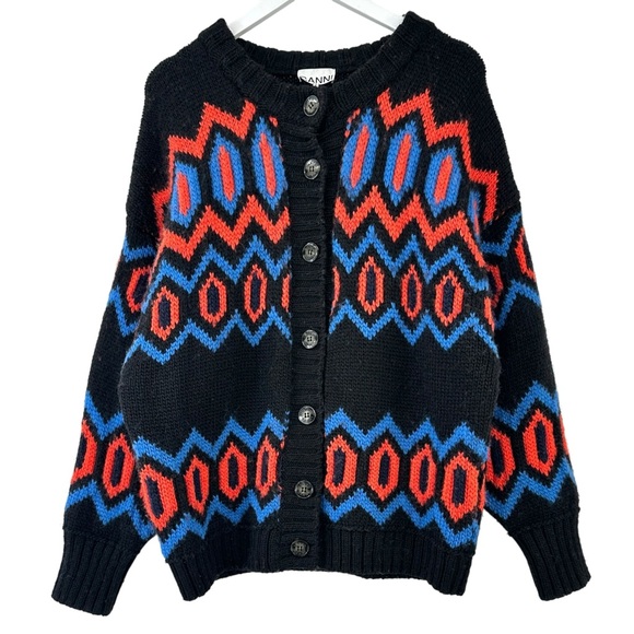 GANNI Black Red Blue Intarsia Organic Wool Chunky Knit Oversize Cardigan Sweater - Picture 2 of 11
